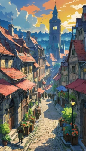 medieval town,medieval street,meteora,knight village,aurora village,old town,spa town,violet evergarden,old city,the cobbled streets,alpine village,the old town,escher village,hamelin,rothenburg,mountain village,fantasy city,medieval market,muenster,wooden houses,Illustration,Japanese style,Japanese Style 03