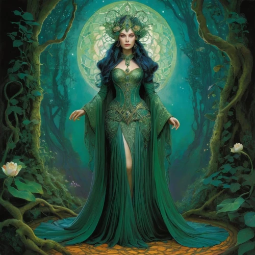 the enchantress,dryad,celtic queen,rusalka,sorceress,faerie,mother earth,anahata,rosa 'the fairy,fairy queen,green aurora,merida,green mermaid scale,elven,elven flower,faery,fairy peacock,elven forest,queen of the night,fantasy woman,Illustration,Realistic Fantasy,Realistic Fantasy 05