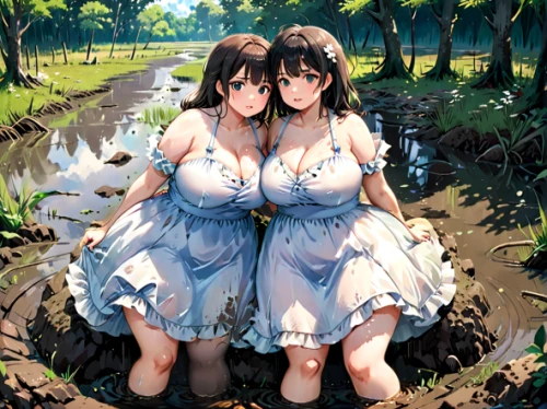 cd cover,two girls,euphonium,female hares,hand in hand,twin flowers,cover,fairies,yamada's rice fields,secret garden of venus,game illustration,in pairs,lilies,mirror in the meadow,garden of eden,cluster-lilies,parallel world,mirror image,rice cultivation,motorboats