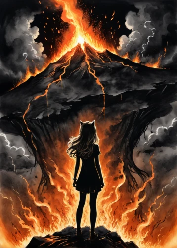 nine-tailed,lake of fire,fire background,pillar of fire,eruption,dragon fire,etna,volcanic,door to hell,the eruption,fire siren,burning earth,apocalyptic,howl,wildfire,volcano,purgatory,fire devil,flame spirit,fire mountain,Illustration,Black and White,Black and White 34