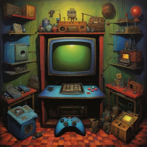 game room,turbografx-16,games console,game console,video game console,game consoles,atari 2600,sega mega drive,nintendo entertainment system,consoles,super nintendo,gaming console,computer game,nintendo 64,sega genesis,retro technology,c64,computer room,computer games,playing room,Illustration,Abstract Fantasy,Abstract Fantasy 09