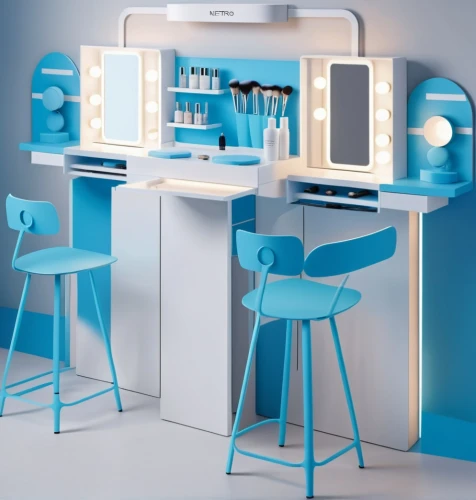 cosmetics counter,computer desk,barstools,bar stools,kitchenette,dressing table,bar counter,computer room,secretary desk,sewing room,computer workstation,kitchen cart,children's operation theatre,pharmacy,laboratory equipment,blue room,product display,beauty room,school desk,changing table,Photography,General,Realistic