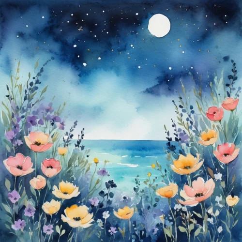 moon and star background,watercolor background,flower painting,sea of flowers,blue moon rose,springtime background,flower field,summer meadow,blooming field,flower background,floral background,stars and moon,moonlit night,cosmos field,field of flowers,meadow in pastel,watercolor floral background,flower meadow,beach moonflower,blue daisies,Illustration,Paper based,Paper Based 25