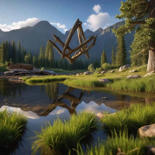 salt meadow landscape,low poly,low-poly,triquetra,3d render,crown render,mirror in the meadow,virtual landscape,triangles background,skyrim,polygon,star polygon,3d rendered,mountain meadow,polygonal,3d fantasy,the spirit of the mountains,euclid,mountain spring,mountain world,Photography,General,Realistic