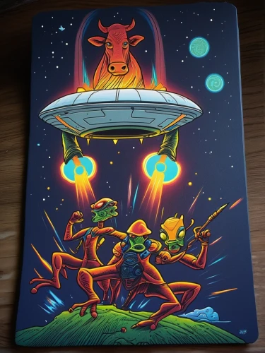 ufos,playmat,ufo,alien invasion,extraterrestrial,game illustration,aliens,ufo intercept,zodiacal sign,extraterrestrial life,ufo interior,zodiac,mousepad,collectible card game,sci fiction illustration,cg artwork,alien warrior,close encounters of the 3rd degree,squid game card,placemat,Illustration,Realistic Fantasy,Realistic Fantasy 25