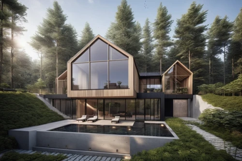 house in the forest,timber house,eco-construction,modern house,cubic house,inverted cottage,3d rendering,grass roof,wooden house,dunes house,modern architecture,house in mountains,summer house,chalet,house in the mountains,the cabin in the mountains,danish house,cube house,luxury property,log home,Photography,General,Realistic