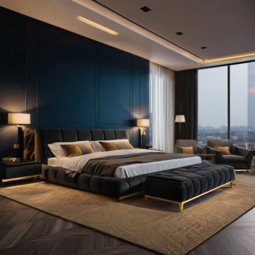 modern room,sleeping room,great room,modern decor,penthouse apartment,contemporary decor,bedroom,interior modern design,sky apartment,blue room,interior design,luxury home interior,loft,room divider,dark blue and gold,guest room,livingroom,luxury property,luxurious,one room