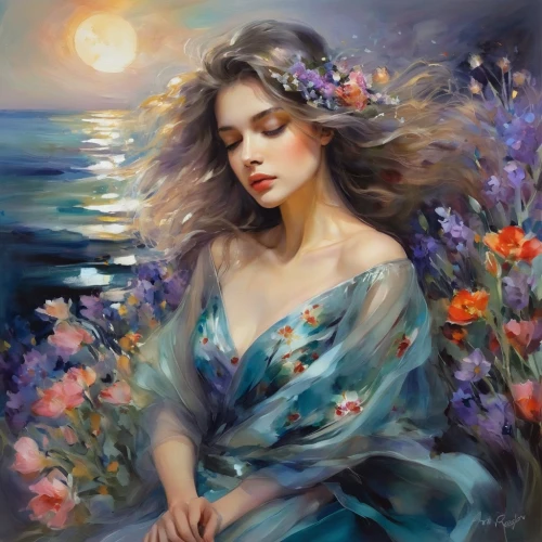 girl in flowers,romantic portrait,blue moon rose,sea breeze,splendor of flowers,blue rose,beautiful girl with flowers,mystical portrait of a girl,sea of flowers,flower painting,fantasy art,art painting,the sea maid,oil painting,fantasy portrait,blue hydrangea,moonflower,oil painting on canvas,fantasy picture,sea landscape,Illustration,Paper based,Paper Based 11