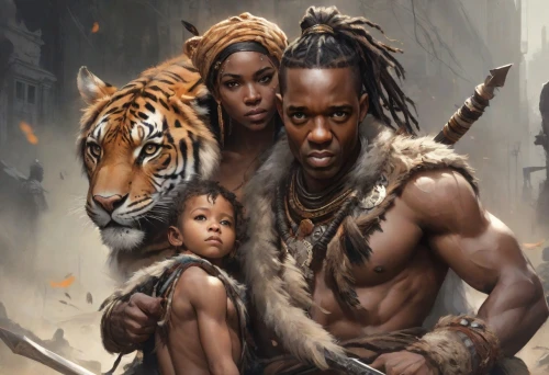 biblical narrative characters,lion father,aborigines,barbarian,aborigine,warrior east,heroic fantasy,fantasy art,afar tribe,lion children,warrior and orc,protectors,warrior woman,diverse family,cat warrior,african american male,african culture,world digital painting,human and animal,ancient people,Photography,Cinematic