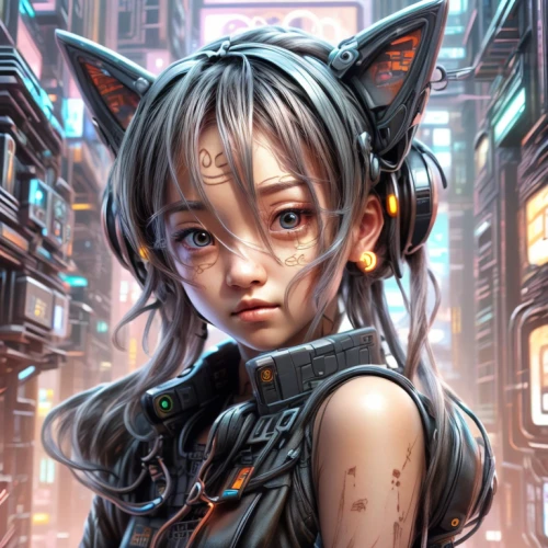 cyberpunk,cybernetics,alley cat,cyber,sci fiction illustration,cyborg,scifi,streampunk,stray cat,feline,cyberspace,world digital painting,anime 3d,cat child,sci fi,mow,cat ears,catlike,cat's eyes,dystopia