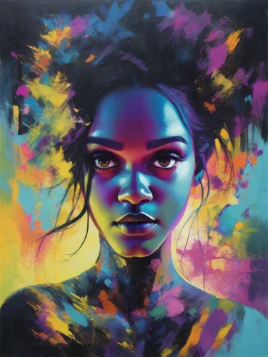 oil painting on canvas,neon body painting,mystical portrait of a girl,painting technique,cmyk,girl portrait,aura,ultraviolet,young woman,oil on canvas,art painting,portrait of a girl,graffiti art,graffiti,oil painting,uv,la violetta,psychedelic art,intense colours,black light