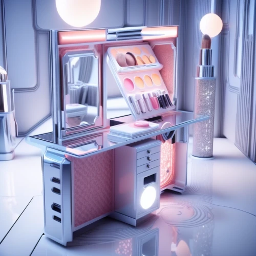 cosmetics counter,cosmetics,women's cosmetics,beauty room,cosmetic,oil cosmetic,makeup mirror,jukebox,dressing table,cosmetic products,beauty salon,expocosmetics,neon makeup,natural cosmetic,vitrine,retro diner,beauty products,soda machine,sunbeds,3d render