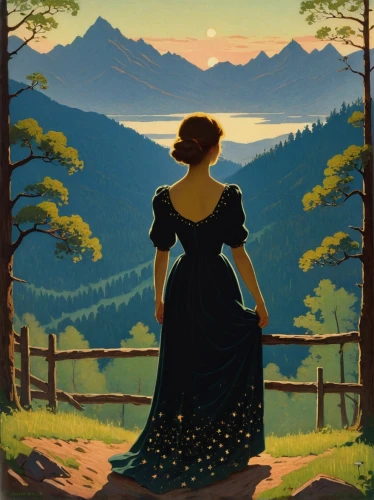 travel poster,woman silhouette,girl in a long dress,silhouette,overlook,the silhouette,vintage couple silhouette,silhouette art,la violetta,idyll,art silhouette,girl on the river,jane austen,vintage illustration,summer evening,alpine sunset,fantasia,sewing silhouettes,montana,sognefjord,Art,Classical Oil Painting,Classical Oil Painting 14
