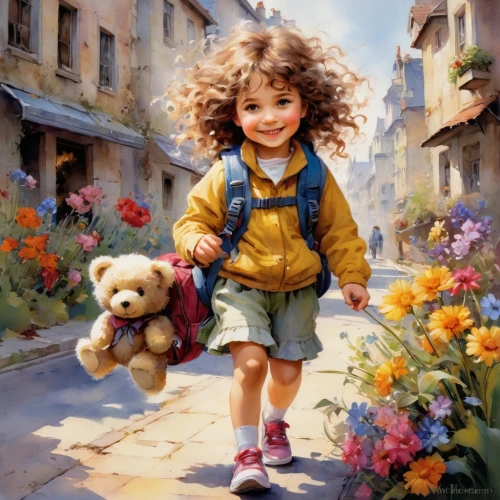 little girl in wind,little girl with balloons,girl picking flowers,girl in flowers,girl and boy outdoor,children's background,little girl running,walk with the children,little girls walking,girl with dog,little girl with umbrella,beautiful girl with flowers,child portrait,oil painting,kids illustration,flower painting,italian painter,oil painting on canvas,world digital painting,girl with bread-and-butter,Conceptual Art,Oil color,Oil Color 03