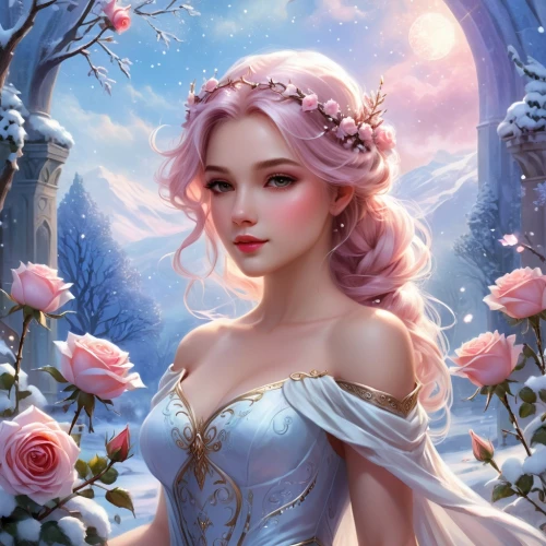 rosa 'the fairy,fantasy portrait,fairy tale character,white rose snow queen,rosa ' the fairy,faery,fantasy picture,fairy queen,faerie,fantasy art,eglantine,flower fairy,romantic rose,fae,fairy,the snow queen,rose flower illustration,romantic portrait,winter rose,mystical portrait of a girl,Illustration,Realistic Fantasy,Realistic Fantasy 01