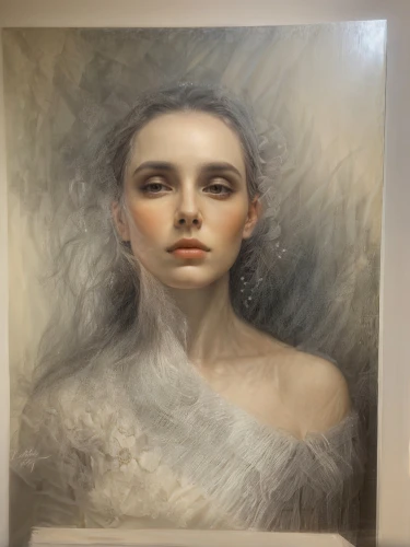 mystical portrait of a girl,silver frame,holding a frame,white lady,woman's face,portrait of a girl,woman face,art painting,oil painting on canvas,girl with cloth,oil painting,young woman,watercolour frame,art exhibition,silvery,girl in a long,glass painting,art deco frame,fantasy portrait,girl in cloth