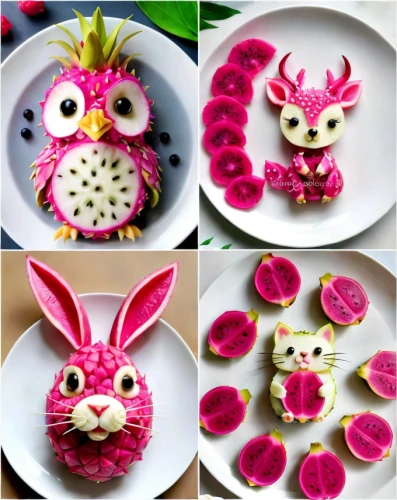 easter pastries,kawaii food,edible parrots,easter decoration,dragon fruit,dragonfruit,easter rabbits,decorated cookies,whimsical animals,rabbit owl,painted eggs,marshmallow art,food collage,colorful sorbian easter eggs,spring pancake,easter theme,round kawaii animals,felted easter,easter brunch,owl pattern