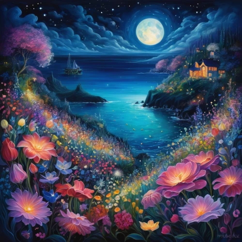 sea of flowers,sea night,sea landscape,the night of kupala,moonlit night,flower painting,beach moonflower,night scene,blue moon rose,fantasy picture,landscape background,children's background,moon and star background,ocean paradise,coastal landscape,splendor of flowers,mermaid background,delight island,dreamland,art painting,Illustration,Realistic Fantasy,Realistic Fantasy 37