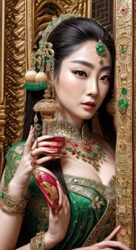 oriental princess,oriental girl,asian woman,orientalism,asian costume,peking opera,asian culture,oriental painting,gold ornaments,taiwanese opera,chinese art,asian vision,turpan,jewelry manufacturing,vietnamese woman,ethnic design,geisha girl,makeup mirror,oriental,ethnic dancer,Realistic,Jewelry,High Society