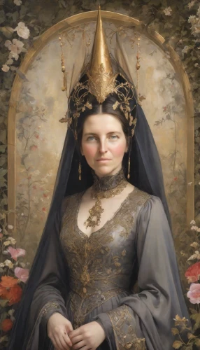 gothic portrait,the prophet mary,joan of arc,portrait of christi,mary-gold,the angel with the veronica veil,archimandrite,priestess,fantasy portrait,portrait of a woman,cepora judith,the hat of the woman,golden crown,imperial crown,victorian lady,the magdalene,queen anne,gold crown,mary 1,metropolitan bishop