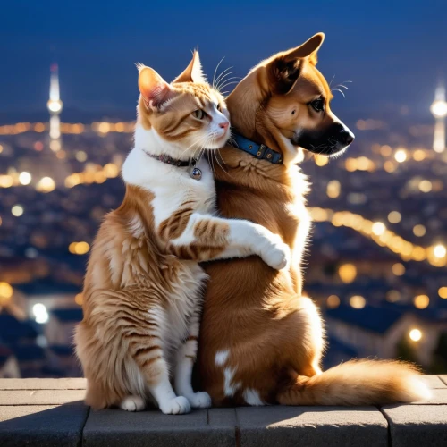 dog - cat friendship,cat love,dog and cat,cat lovers,romantic night,romantic scene,cute animals,two cats,cat family,cute cat,japanese bobtail,turkish van,two friends,sweethearts,companionship,cat european,pet vitamins & supplements,red tabby,affection,loving couple sunrise