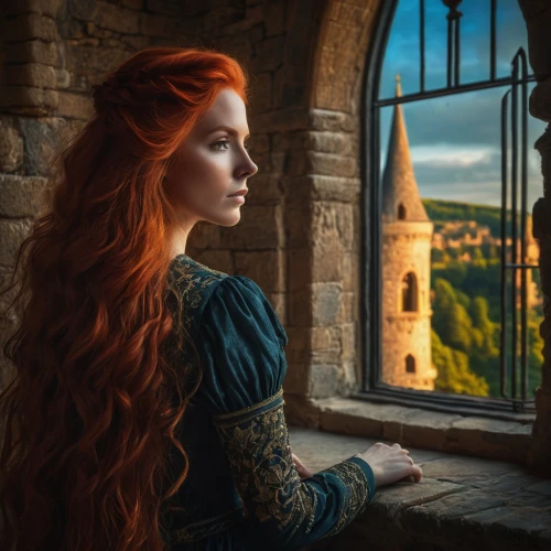 rapunzel,merida,cinderella,celtic queen,romantic portrait,tudor,fantasy portrait,fairy tale,celtic woman,girl in a historic way,the window,gothic portrait,fantasy picture,a fairy tale,eufiliya,red-haired,fairytale,fairy tale character,alba,elsa,Photography,General,Fantasy