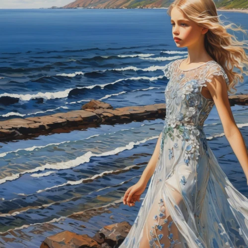 girl in a long dress,sea breeze,watercolor blue,photo painting,blue painting,oil painting,art painting,ocean blue,sea-shore,oil painting on canvas,celtic woman,blue sea,by the sea,sea landscape,silvery blue,blue waters,mazarine blue,fashion illustration,evening dress,seascape,Photography,Fashion Photography,Fashion Photography 22