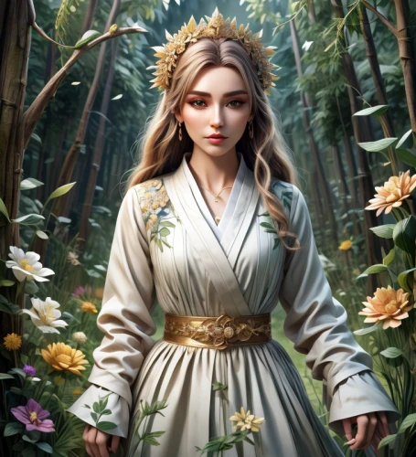 yogananda,fantasy portrait,elven flower,jessamine,sacred lotus,celtic queen,fantasy picture,jasmine blossom,jaya,girl in flowers,princess leia,golden lotus flowers,portrait background,cg artwork,beautiful girl with flowers,fantasy art,flower of life,priestess,oriental princess,zodiac sign libra