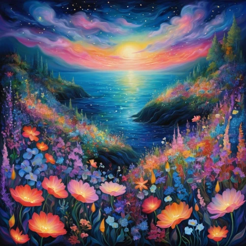 mushroom landscape,fairy world,fairy forest,coral reef,fairy galaxy,fairy village,sea of flowers,mushroom island,forest of dreams,psychedelic art,sea landscape,flower painting,ocean paradise,colorful background,underwater landscape,dream world,oil painting on canvas,fantasia,dreamland,tropical bloom,Illustration,Realistic Fantasy,Realistic Fantasy 37