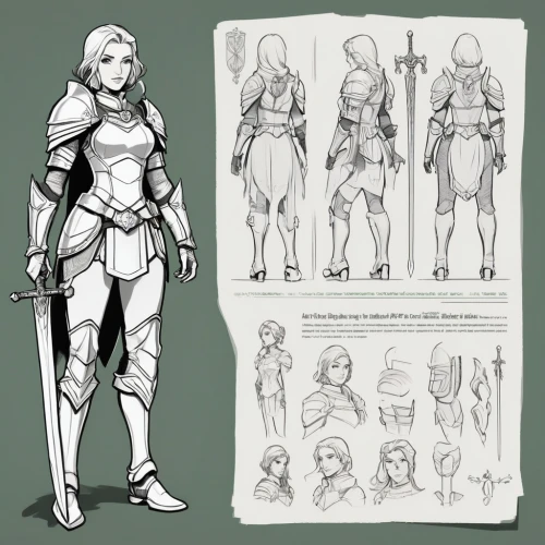 knight armor,concept art,female warrior,development concept,armour,armor,costume design,character animation,heavy armour,paladin,concepts,swordswoman,joan of arc,knight,sterntaler,collected game assets,studies,game drawing,scabbard,outlines,Unique,Design,Character Design