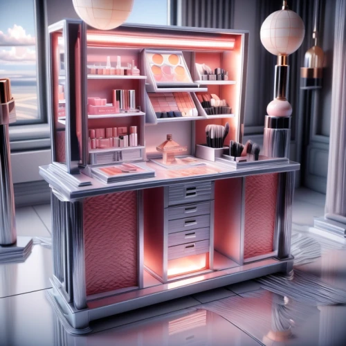 cosmetics counter,cosmetics,vitrine,women's cosmetics,kitchen shop,china cabinet,cabinets,armoire,beauty room,3d render,boutique,dolls houses,dollhouse accessory,doll house,dollhouse,agent provocateur,cosmetic products,shop-window,bar counter,metal cabinet
