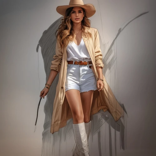 fashion vector,fashion illustration,cowgirl,panama hat,fashion sketch,trench coat,leather hat,countrygirl,cowboy hat,straw hat,country dress,country style,sheriff,girl with a gun,girl with gun,brown hat,digital painting,western,park ranger,sun hat,Photography,General,Realistic