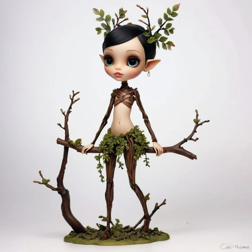dryad,wood elf,faun,fae,girl with tree,violet head elf,faerie,devil's walkingstick,faery,primitive dolls,twigs,ballerina in the woods,vax figure,the enchantress,twig,child fairy,forest clover,elven,clay doll,dry twig,Illustration,Abstract Fantasy,Abstract Fantasy 10