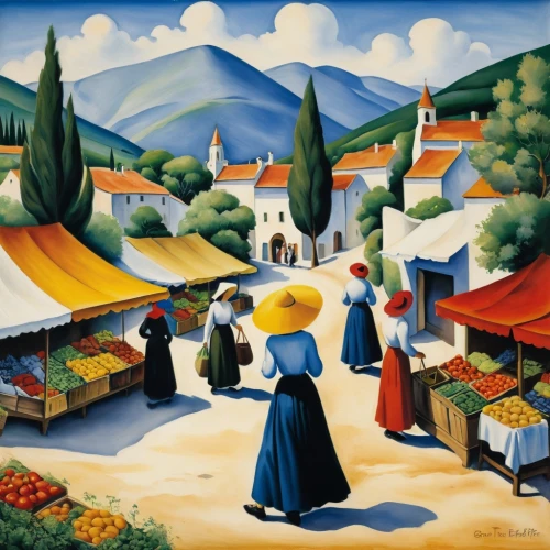 village scene,medieval market,village festival,fruit market,farmer's market,escher village,alpine village,marketplace,mountain village,the market,farmers market,provencal life,harvest festival,vegetable market,khokhloma painting,pilgrims,vendors,nativity village,folk village,transilvania,Art,Artistic Painting,Artistic Painting 21