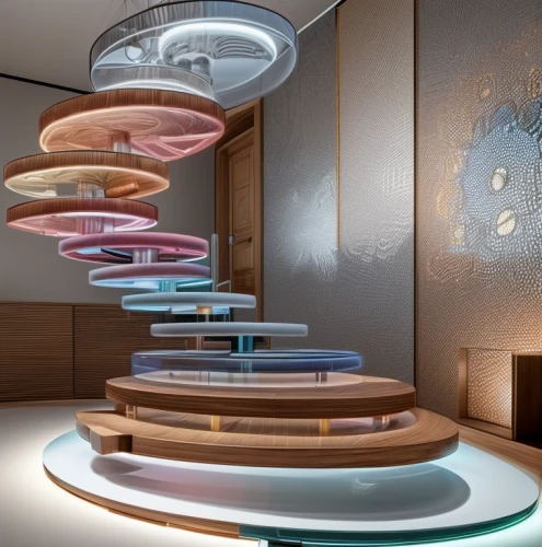 circular staircase,spiral staircase,dish storage,floor fountain,orrery,ufo interior,ceiling fixture,spiral stairs,sky space concept,spiral book,revolving light,ceiling light,sky apartment,cake stand,ceiling lamp,modern decor,interior modern design,plate shelf,winding staircase,kinetic art