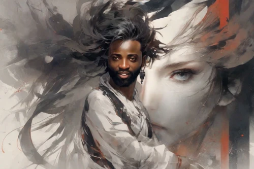 fantasy portrait,white bird,moor,kahila garland-lily,moorish,black couple,fantasy art,white swan,white feather,sadu,shiva,black feather,amano,white figures,black russian,david-lily,emancipation,artist portrait,the wind from the sea,smoke dancer