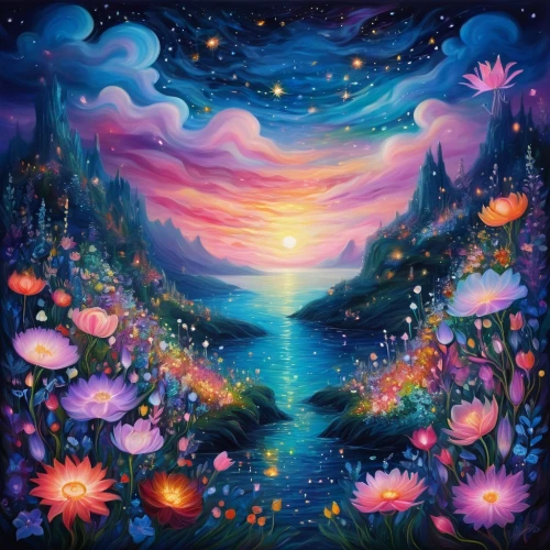 fairy galaxy,fairy world,colorful stars,flower painting,blooming field,forest of dreams,cosmos field,sea of flowers,fairy forest,purple landscape,dreamland,boho art,cosmic flower,mantra om,mushroom landscape,fantasy landscape,dream world,fantasia,colorful background,children's background,Illustration,Realistic Fantasy,Realistic Fantasy 37