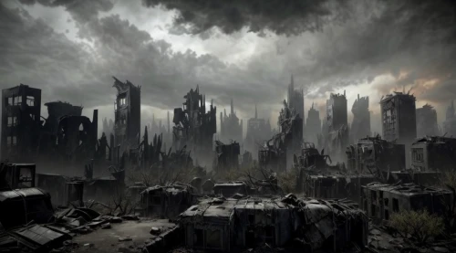 destroyed city,post-apocalyptic landscape,post apocalyptic,apocalyptic,black city,post-apocalypse,dystopian,doomsday,the end of the world,end of the world,apocalypse,desolation,environmental destruction,urbanization,dark world,human settlement,metropolis,wasteland,stalingrad,dystopia