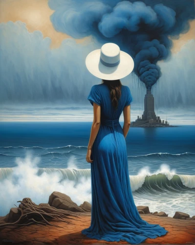 woman thinking,surrealism,the hat of the woman,mother earth,oil painting on canvas,bluebottle,the pollution,panama hat,seafarer,el salvador dali,mushroom cloud,oil on canvas,oil painting,blue painting,blue hawaii,art painting,surrealistic,woman's hat,pollution,seascape,Conceptual Art,Daily,Daily 34