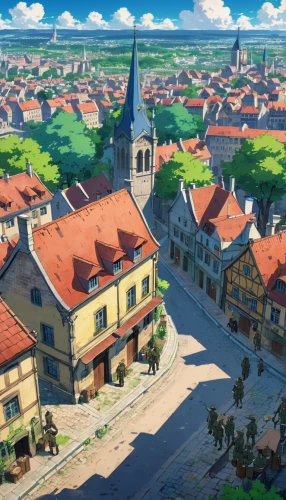 medieval town,aurora village,escher village,studio ghibli,knight village,violet evergarden,delft,bremen,transylvania,sibiu,spa town,hanseatic city,french digital background,skyscraper town,hamelin,colmar city,new castle,luneburg,cobblestone,town,Illustration,Japanese style,Japanese Style 03