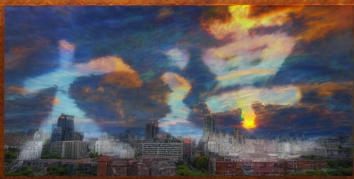 city in flames,skyscrapers,apocalyptic,the conflagration,post-apocalyptic landscape,eruption,atmospheric phenomenon,solar eruption,meteor rideau,conflagration,fireworks art,apocalypse,city scape,hdr,the eruption,skyscape,pripyat,city skyline,firmament,cloud image,Light and shadow,Landscape,City Twilight