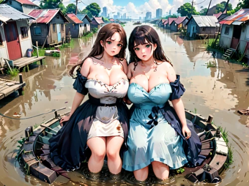 motor boat race,floods,game illustration,two girls,pedalos,water game,cd cover,flooded,hot spring,motorboats,anime japanese clothing,trash land,action-adventure game,cover,parallel world,kawaii people swimming,world digital painting,angels of the apocalypse,gondolas,sirens