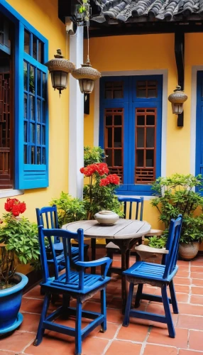 patio,hoi an,hoian,zona colonial,blue doors,outdoor dining,nicaraguan cordoba,majorelle blue,patio furniture,outdoor table and chairs,old colonial house,blue door,spanish tile,courtyard,outdoor furniture,outdoor table,altos de chavon village,traditional house,xiamen,blue coffee cups,Photography,General,Realistic