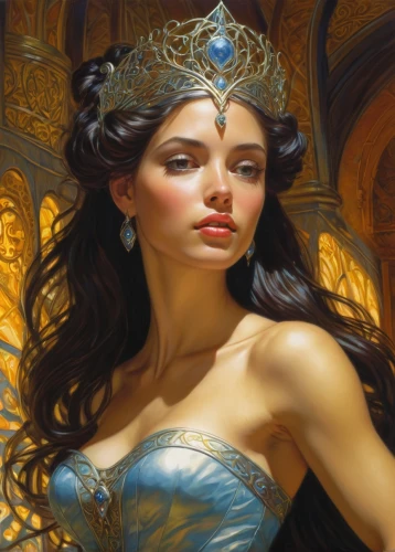 heroic fantasy,fantasy art,fantasy woman,fantasy portrait,celtic queen,golden crown,the enchantress,sorceress,fantasy picture,zodiac sign libra,diadem,blue enchantress,gold crown,rosa ' amber cover,queen of the night,priestess,gold filigree,celtic woman,imperial crown,libra,Illustration,Realistic Fantasy,Realistic Fantasy 03