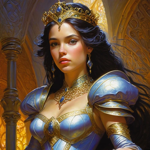 fantasy portrait,heroic fantasy,golden crown,fantasy woman,fantasy art,blue enchantress,priestess,cleopatra,paladin,artemisia,gold crown,sorceress,gold filigree,jaya,celtic queen,female warrior,the enchantress,cybele,fantasy picture,golden apple,Illustration,Realistic Fantasy,Realistic Fantasy 03