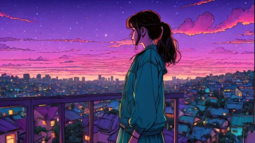 falling stars,dusk,dusk background,falling star,rooftop,night sky,in the evening,the night sky,rooftops,above the city,city lights,background screen,starlight,dream world,on the roof,la violetta,would a background,stargazing,nightsky,before the dawn,Illustration,American Style,American Style 03