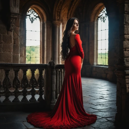 red gown,man in red dress,girl in red dress,lady in red,girl in a long dress,evening dress,in red dress,gothic portrait,red dress,dracula's birthplace,wedding photography,celtic queen,portrait photography,long dress,gown,red cape,passion photography,ball gown,girl in a long dress from the back,vampire woman,Photography,General,Fantasy