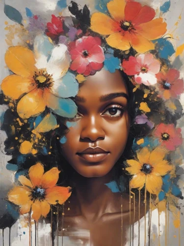 girl in flowers,flower painting,oil painting on canvas,african daisies,girl in a wreath,flower wall en,flower art,kahila garland-lily,flora,oil on canvas,afro american girls,flower girl,wreath of flowers,pollinate,mural,flower crown,afro-american,boho art,art painting,afroamerican