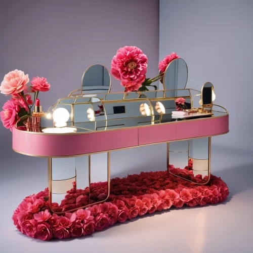dressing table,beauty room,flower cart,valentine's day décor,cosmetics counter,flower wall en,makeup mirror,writing desk,player piano,the piano,flower booth,grand piano,luxury bathroom,piano,piano bar,table arrangement,centrepiece,beauty salon,flower arrangement lying,toilet table,Photography,General,Realistic