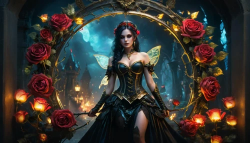 sorceress,fantasy picture,rosa ' amber cover,fantasy art,queen of hearts,way of the roses,the enchantress,fantasy woman,fantasy portrait,noble roses,queen of the night,gothic woman,widow flower,rosa 'the fairy,gothic portrait,roses frame,masquerade,elven flower,lady of the night,romantic rose